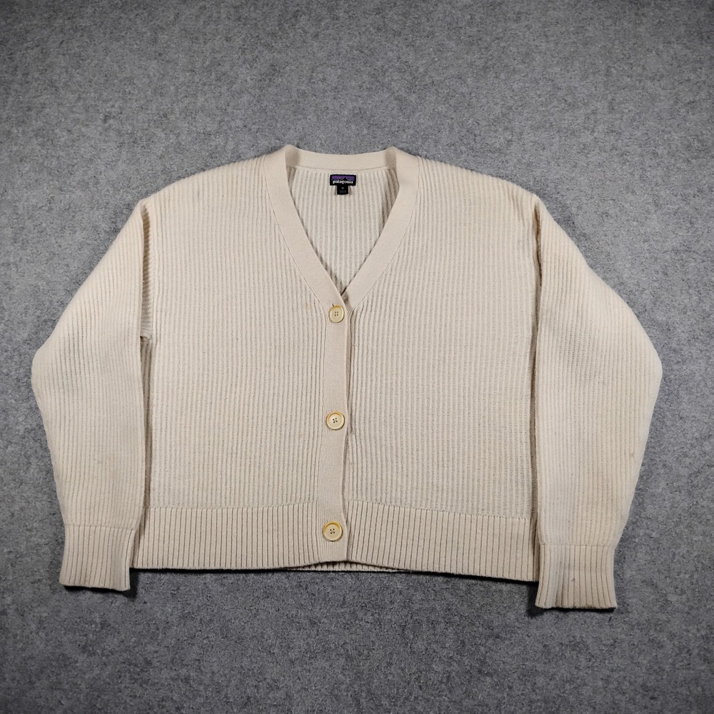 Patagonia Womens Recycled Wool Ribbed V-Neck Cardigan Sweater Cream Medium